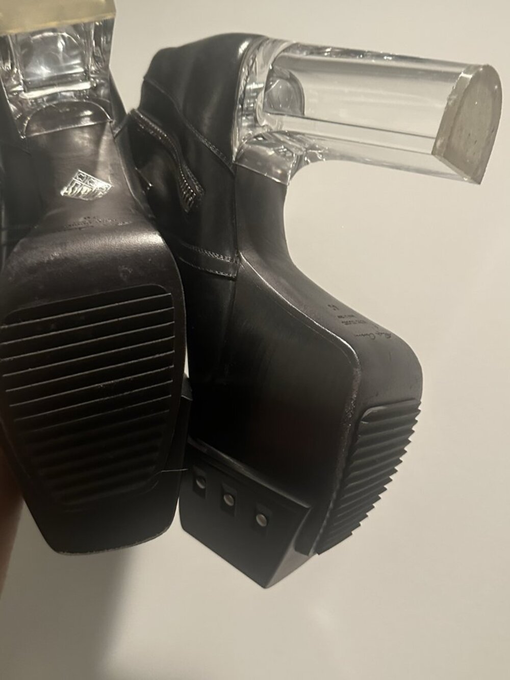 Rick Owens Black Leather Platform Mid-Calf Boots Clear Lucite Heel - Picture 2 of 4